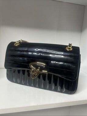 Patent Quilted Black Shoulder Bag with Gold Script Accent
